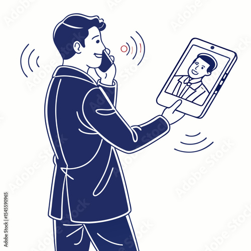 Businessman multitasking phone call video conference tablet