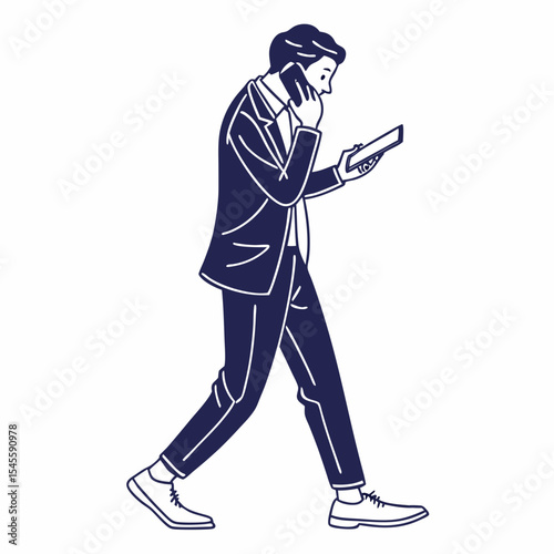 Businessman walking talking phone tablet multitasking modern style