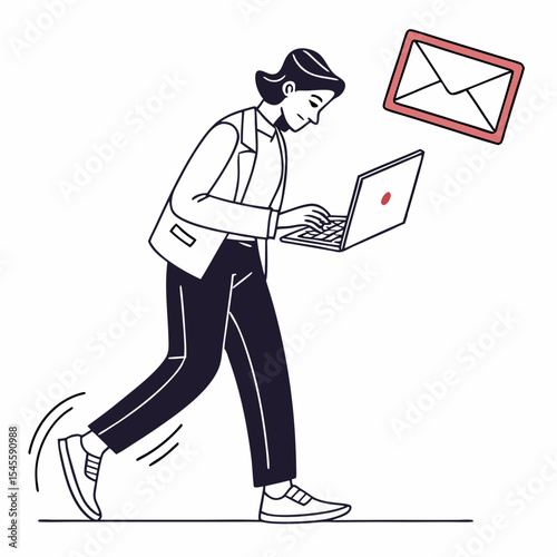 Businessperson walking while working on laptop email communication