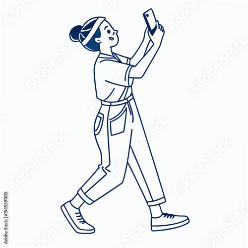 Walking woman taking selfie photo smartphone transparent png