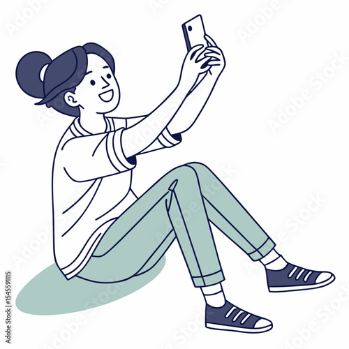Happy young woman taking selfie with smartphone sitting floor