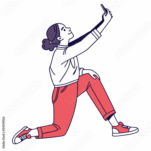 Young woman taking a selfie kneeling down happy expression