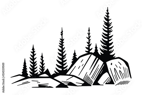 A mountain landscape with trees and rocks. Nature illustration for outdoor and adventure themes. Scenic view of wilderness.