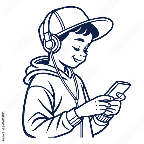 Boy listening music headphones smartphone smiling happy