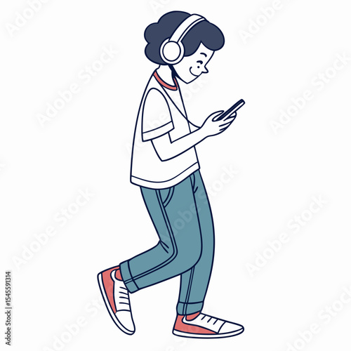 Young person walking listening music smartphone headphones