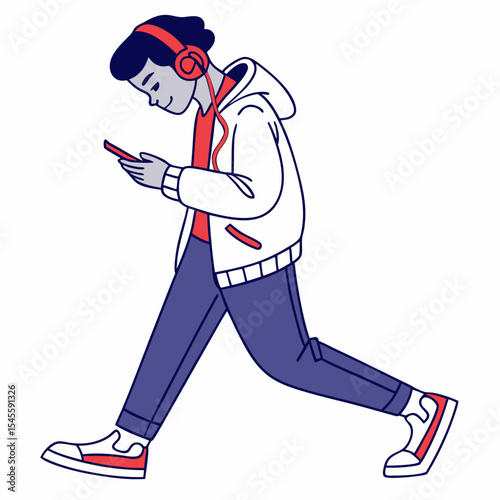 Young person walking listening music smartphone headphones