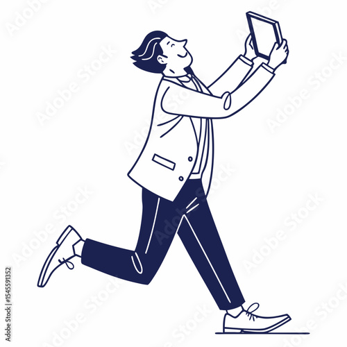 Businessman running excitedly holding tablet digital device