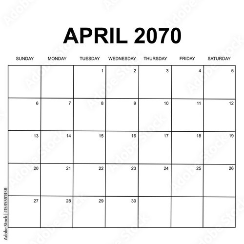 April 2070. monthly calendar design. week starts on Sunday. printable, editable, simple, and clean vector design isolated on white background.
