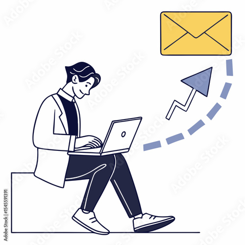 Man working on laptop receiving emails growth upward trend