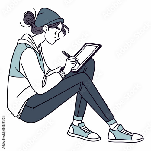 Young woman artist using digital tablet stylus drawing
