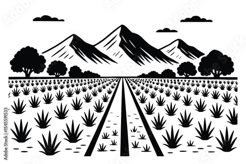 A stylized agricultural landscape featuring mountains, rows of crops, and trees. Ideal for illustrating farming and rural scenes.