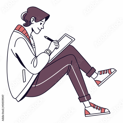 Young person drawing on tablet casual clothes comfortable pose