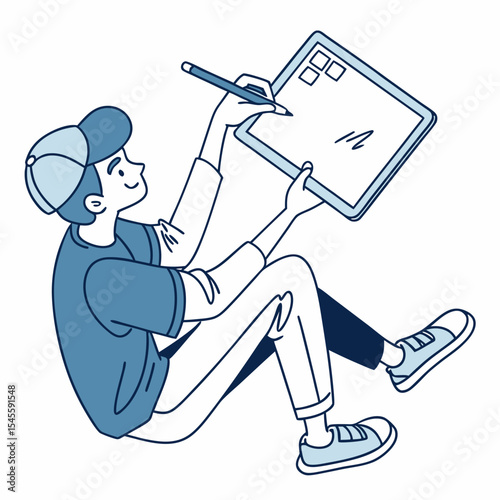 Young man using stylus on tablet while sitting