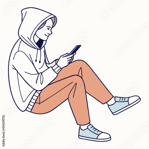 Young person sitting floor using smartphone casual hoodie pants