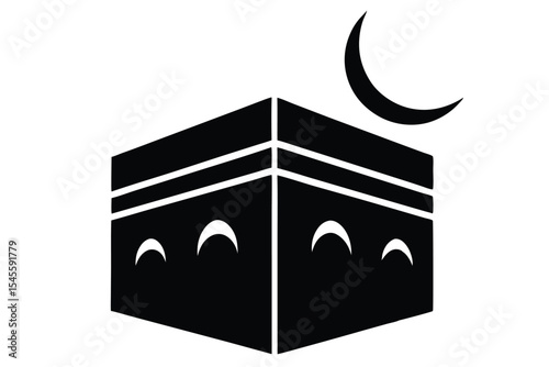 Minimalist kaaba silhouette with crescent moon design