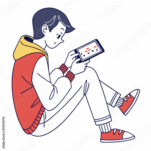 Young person playing handheld video game sitting floor