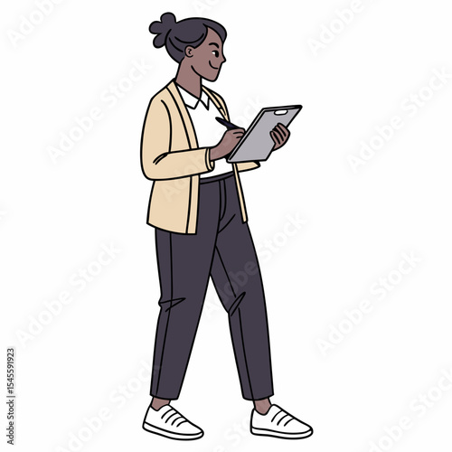 Young black woman walking while writing on clipboard