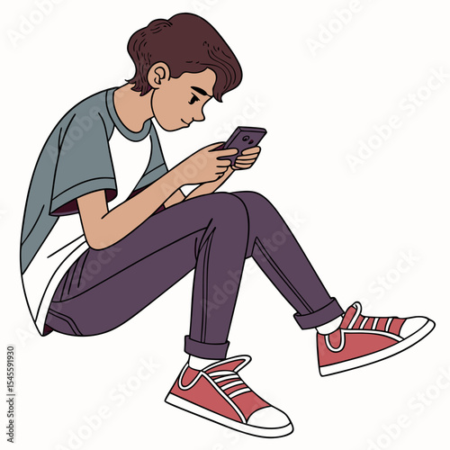 Teenager boy sitting floor using smartphone cellphone device