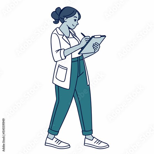 Woman doctor walking taking notes clipboard healthcare professional