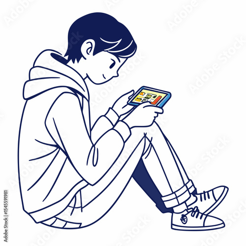 Young man sitting floor using tablet device online shopping app
