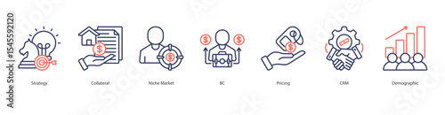 Targeted Marketing Strategy banner web icon set vector illustration concept with icon of strategy, collateral, niche market, b2c, pricing, crm, demographic