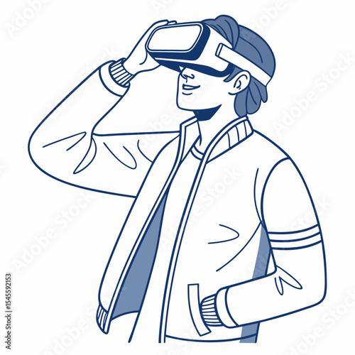 Young man experiencing virtual reality headset on white background