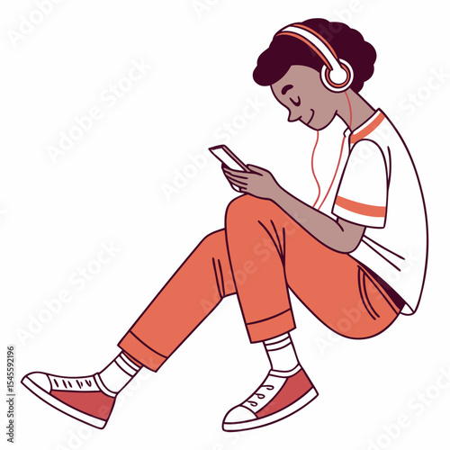 Young person listening music smartphone headphones sitting floor