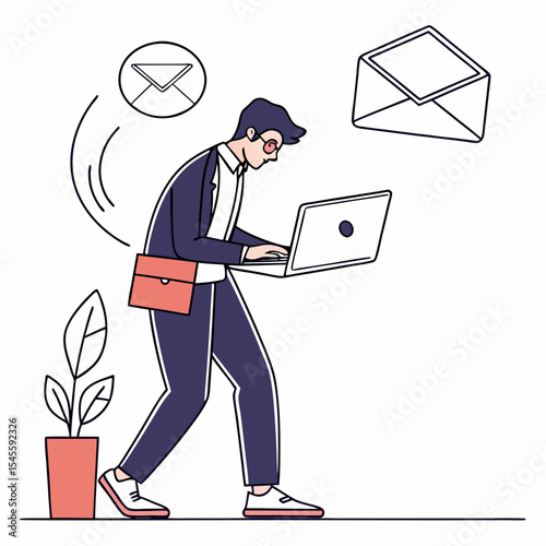 Busy businessman working on laptop email notifications