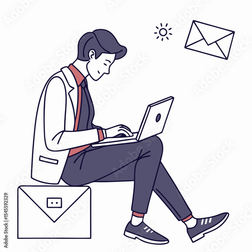 Businessman working on laptop outdoors sunny day email communication