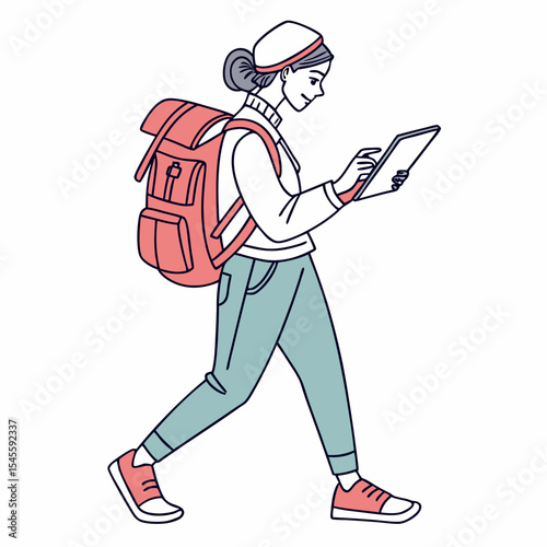 Young woman traveler walking using tablet digital nomad backpack