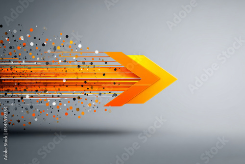 Dynamic orange arrow with abstract dots and lines on gray background, conveying motion and energy