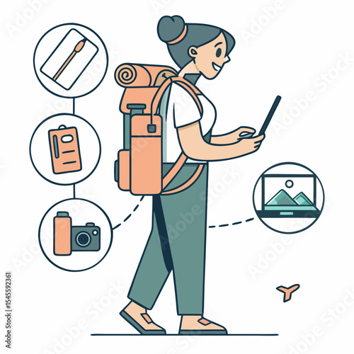 Happy woman traveler walking with backpack using tablet