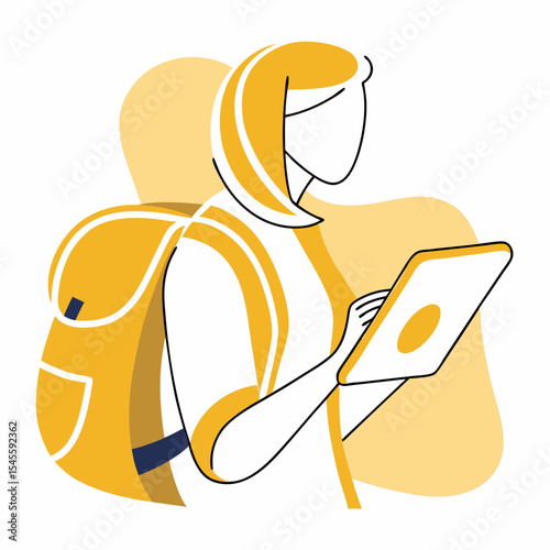 Young woman backpacker using tablet digital nomad travel
