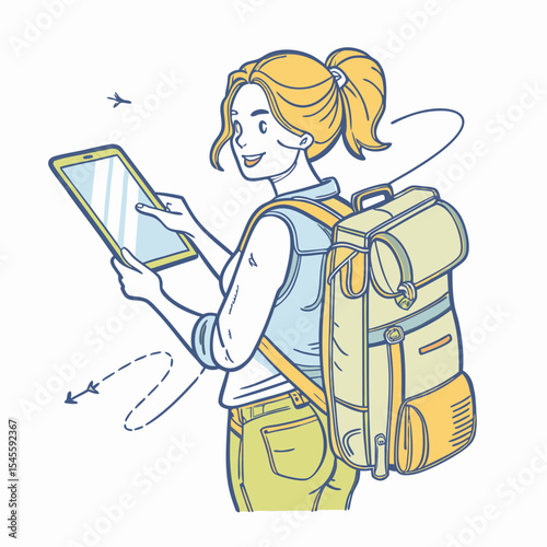 Happy woman traveler using tablet digital nomad backpack journey