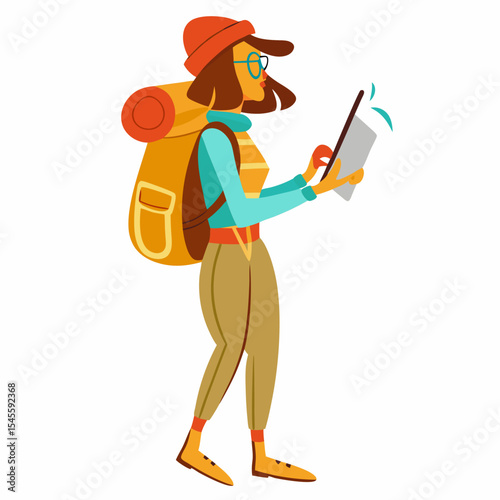 Young woman backpacker using tablet digital nomad travel
