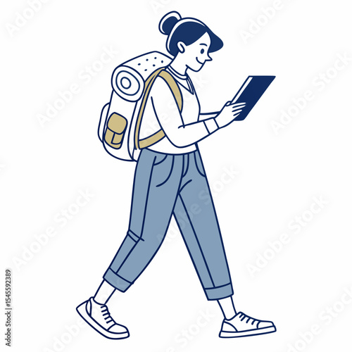 Young woman backpacker walking using tablet digital device