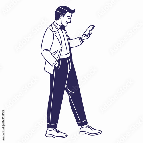 Stylish man in suit using smartphone walking outdoors