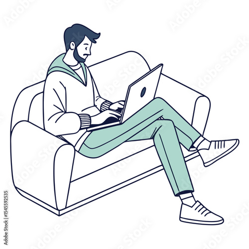 Man working on laptop relaxed on comfortable sofa