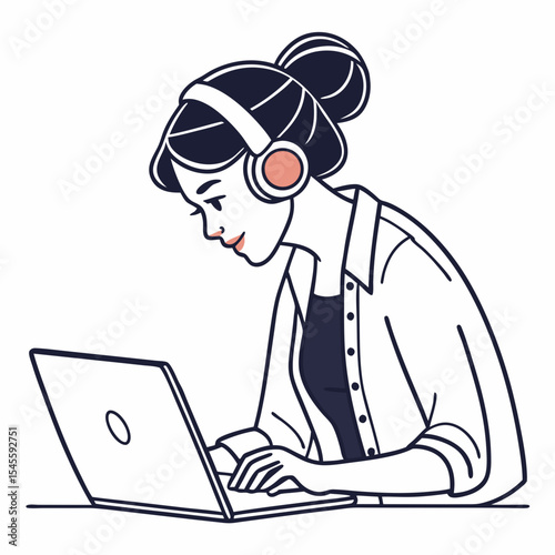 Woman with headphones working on laptop computer