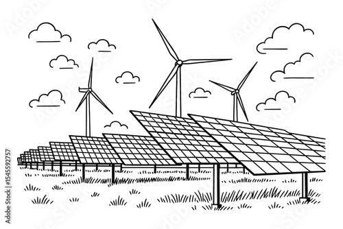 Detailed Vector Illustration of Solar Panels and Wind Turbines Element for Green Energy