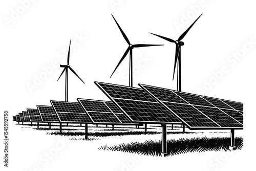 Detailed Vector Illustration of Solar Panels and Wind Turbines Element for Green Energy