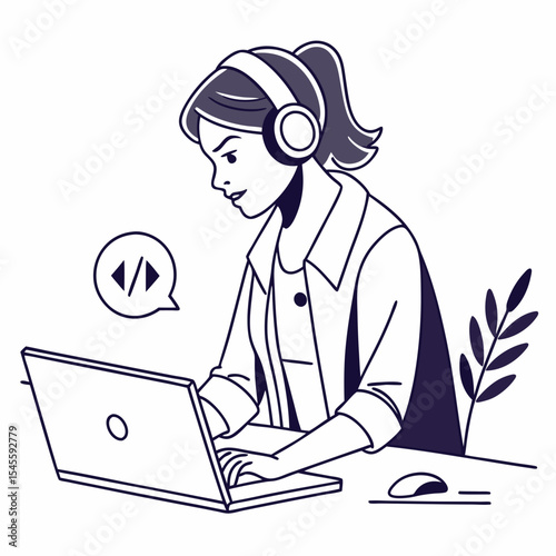 Woman programmer coding on laptop wearing headphones