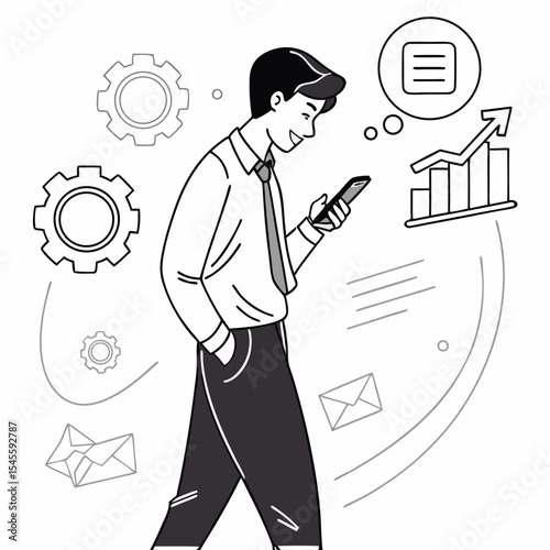Businessman walking using smartphone checking business growth data