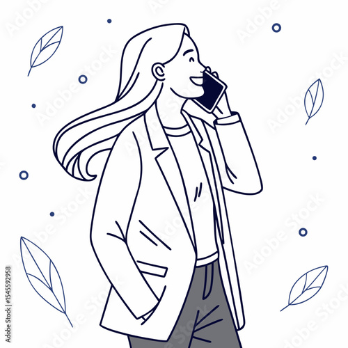 Happy woman in blazer talking on phone stylish illustration