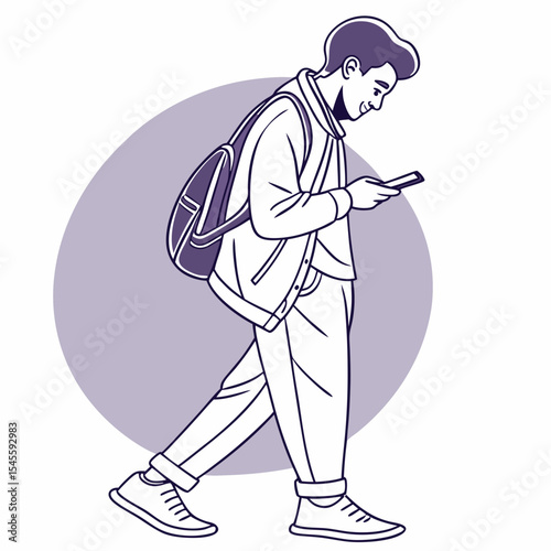 Young man walking and using smartphone backpack casual style
