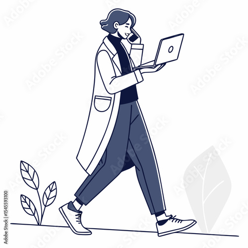 Woman walking laptop phone coffee business casual