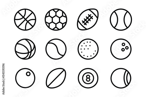 Sports Balls Vector Element Collection Diverse Set of Game Equipment Outline Icons Isolated