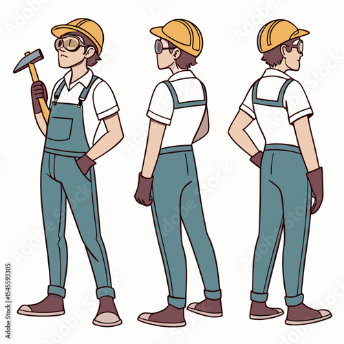 Construction worker cartoon character three views safety gear
