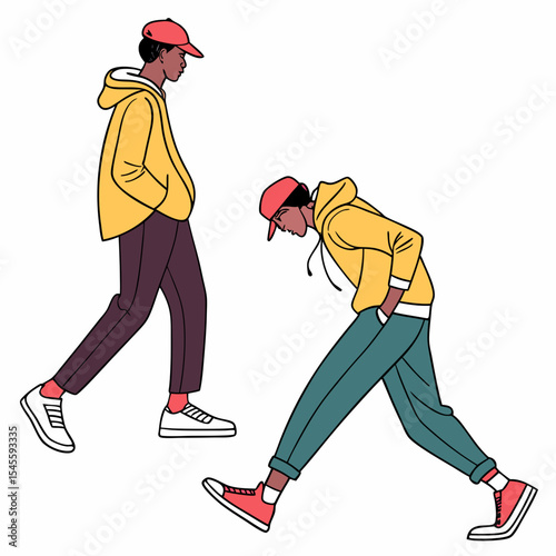 Two young men walking in casual streetwear fashion
