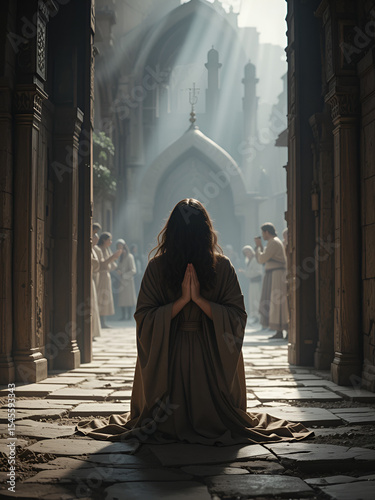 Create a hyperrealistic, emotionally powerful cinematic scene of Hannah, a devout woman from the Bible, kneeling in deep prayer at the entrance of the tabernacle in Shiloh.